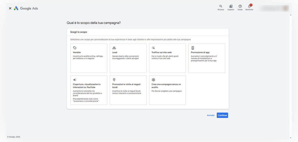 Screenshot 2 - scegli l'obiettivo della tua campagna