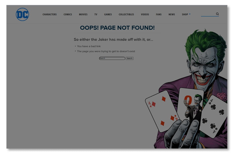 dc comics pagina errore 404