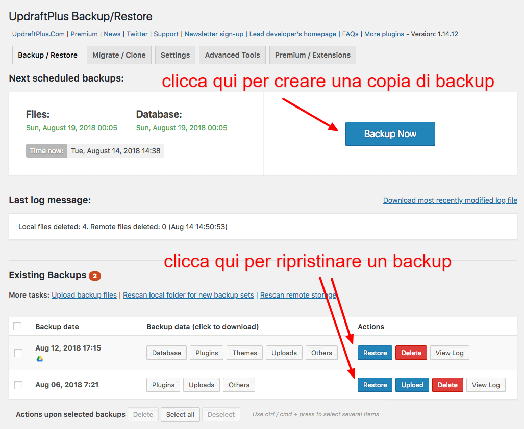 sito hackerato: come fare una copia di backup del sito con UpdraftPlus screenshot