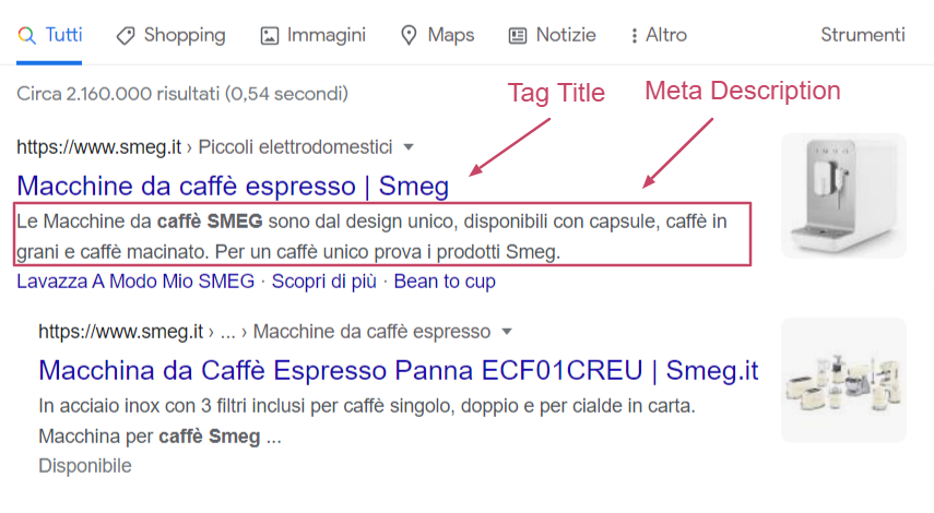 esempio tag title e meta description scheda prodotto eCommerce Smeg