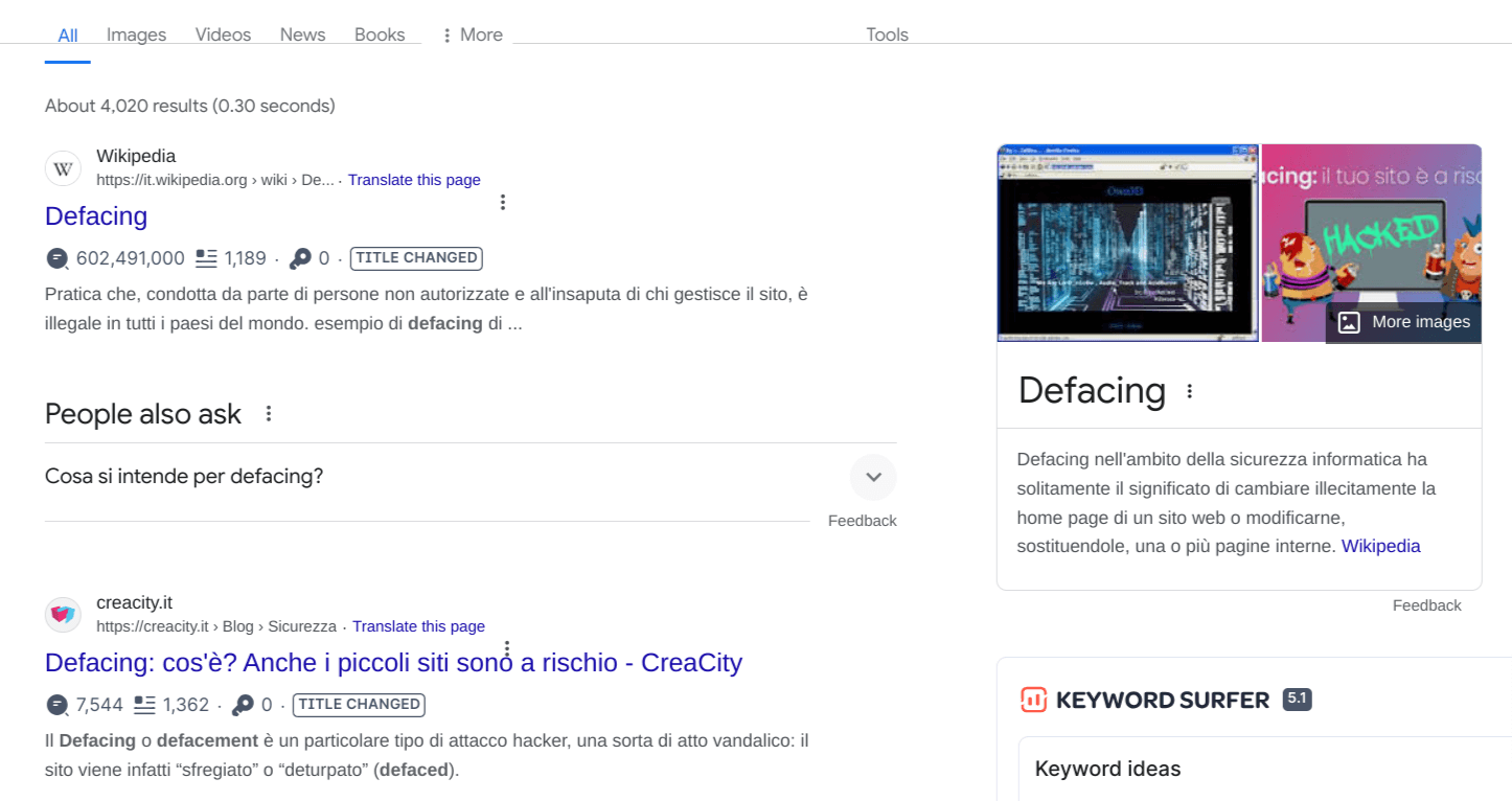Screenshot di Google esempio: immagini collocate accanto ai primi risultati di ricerca