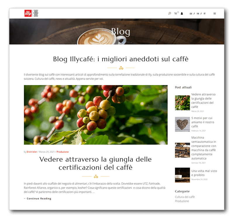 esempio blog aziendale WordPress: Illy